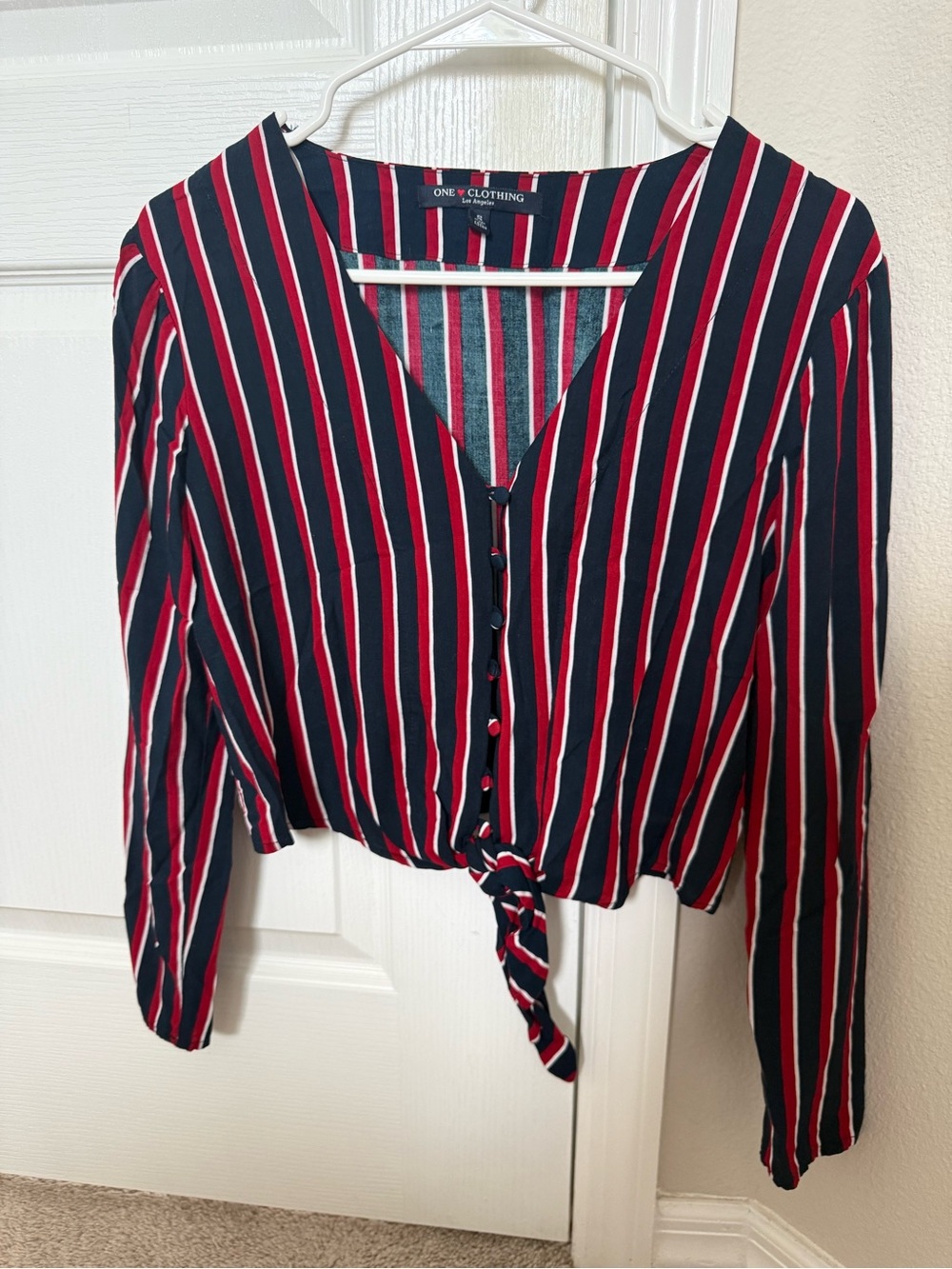 One Clothing Navy & Red Striped Tie-Front Blouse Size S